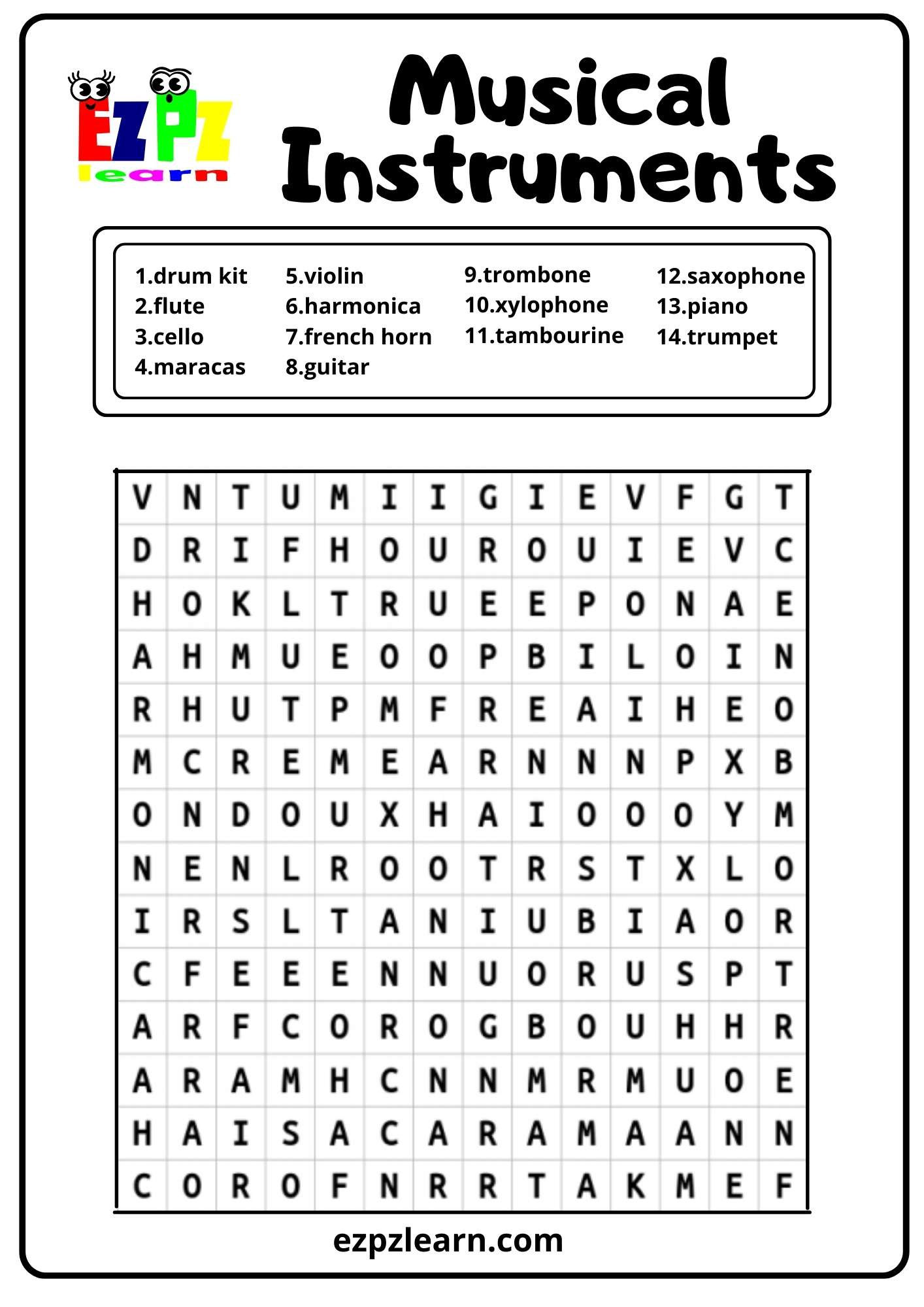 Musical Instruments Word Search - Ezpzlearn with Free Printable Music Word Searches