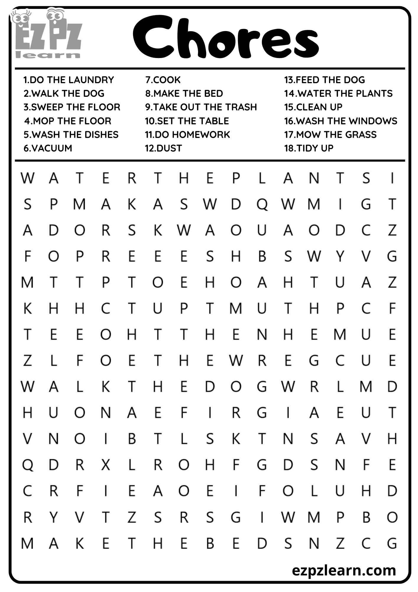 My Chores Vocabulary Word Search 18 Words For Kids And Esl Free inside Vocabulary Word Search Printable