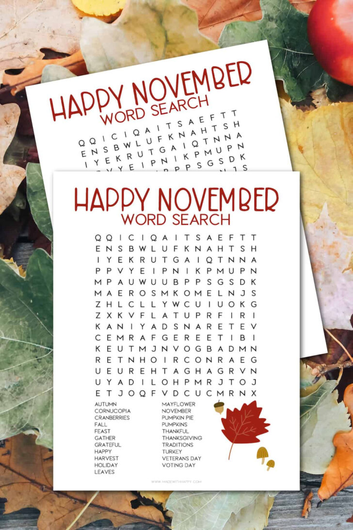 November Word Search Free Printable