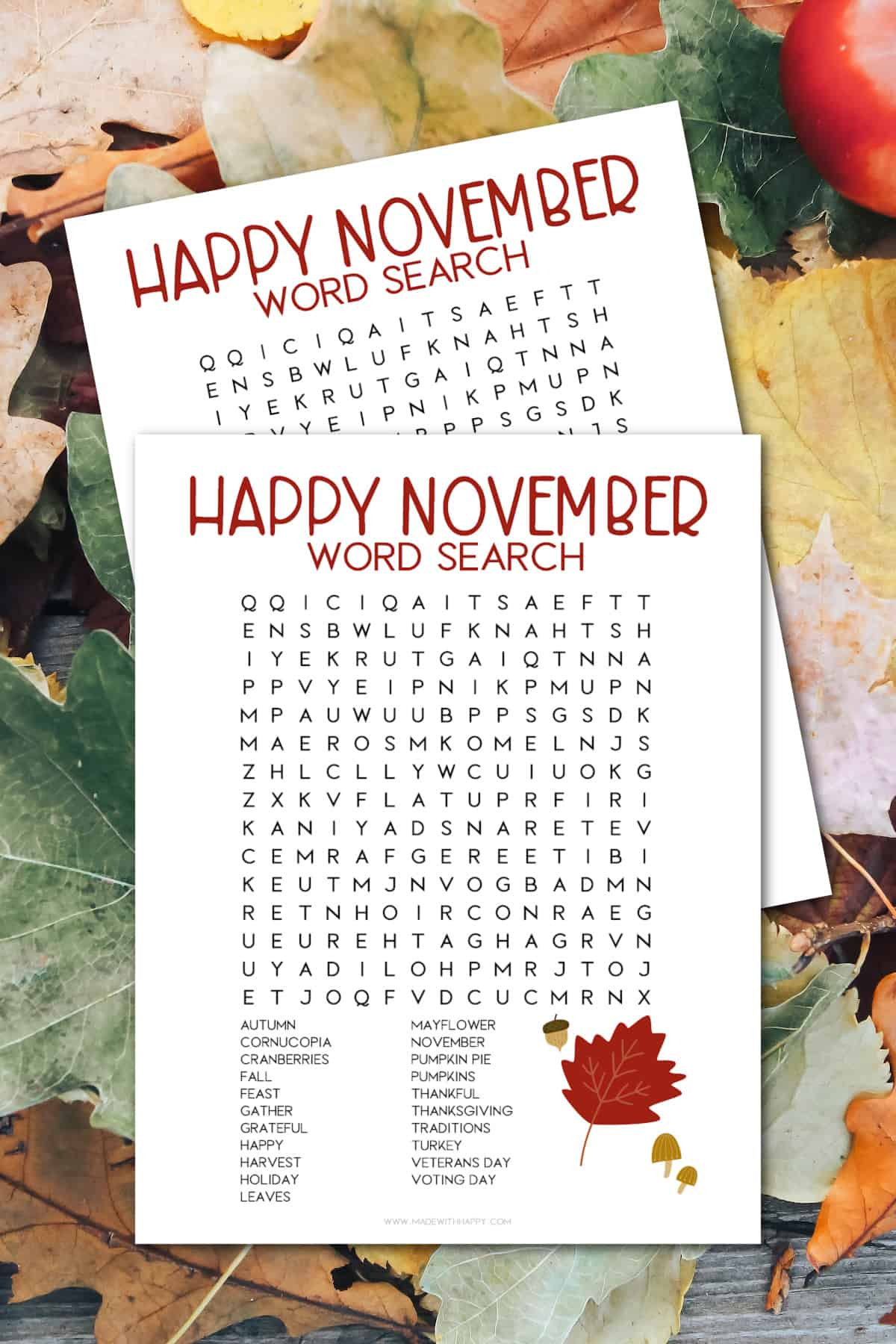 November Word Search Printable - Made With Happy throughout November Word Search Printable