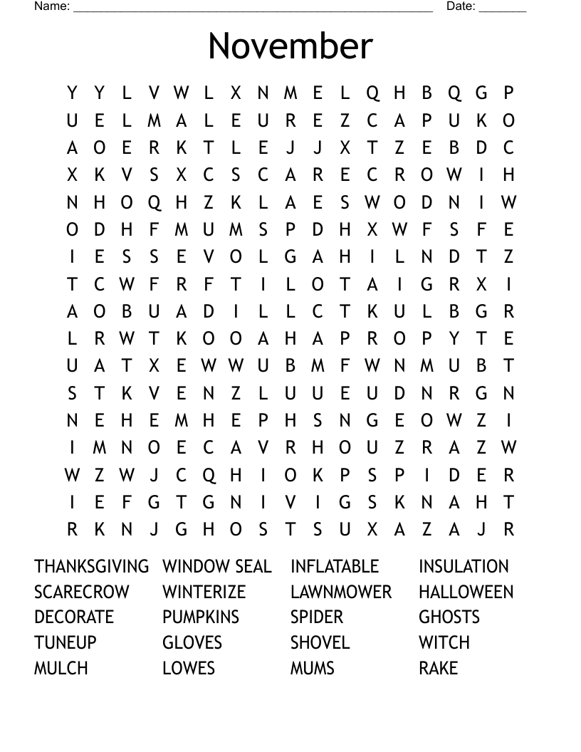 November Word Search - Wordmint intended for Printable Word Search November
