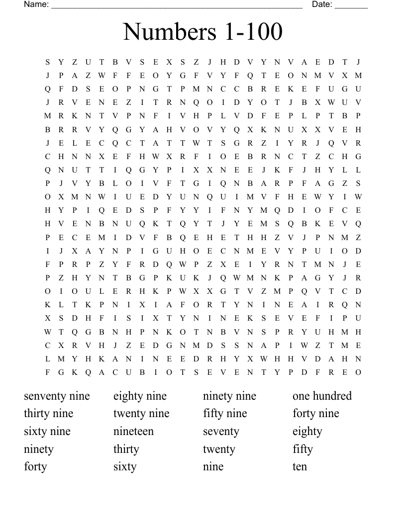 Numbers 1-100 Word Search - Wordmint for Number Word Search Puzzles Printable
