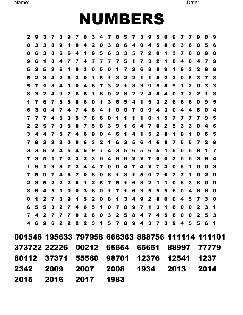 Numbers Word Search - Wordmint inside Number Word Search Puzzles Printable