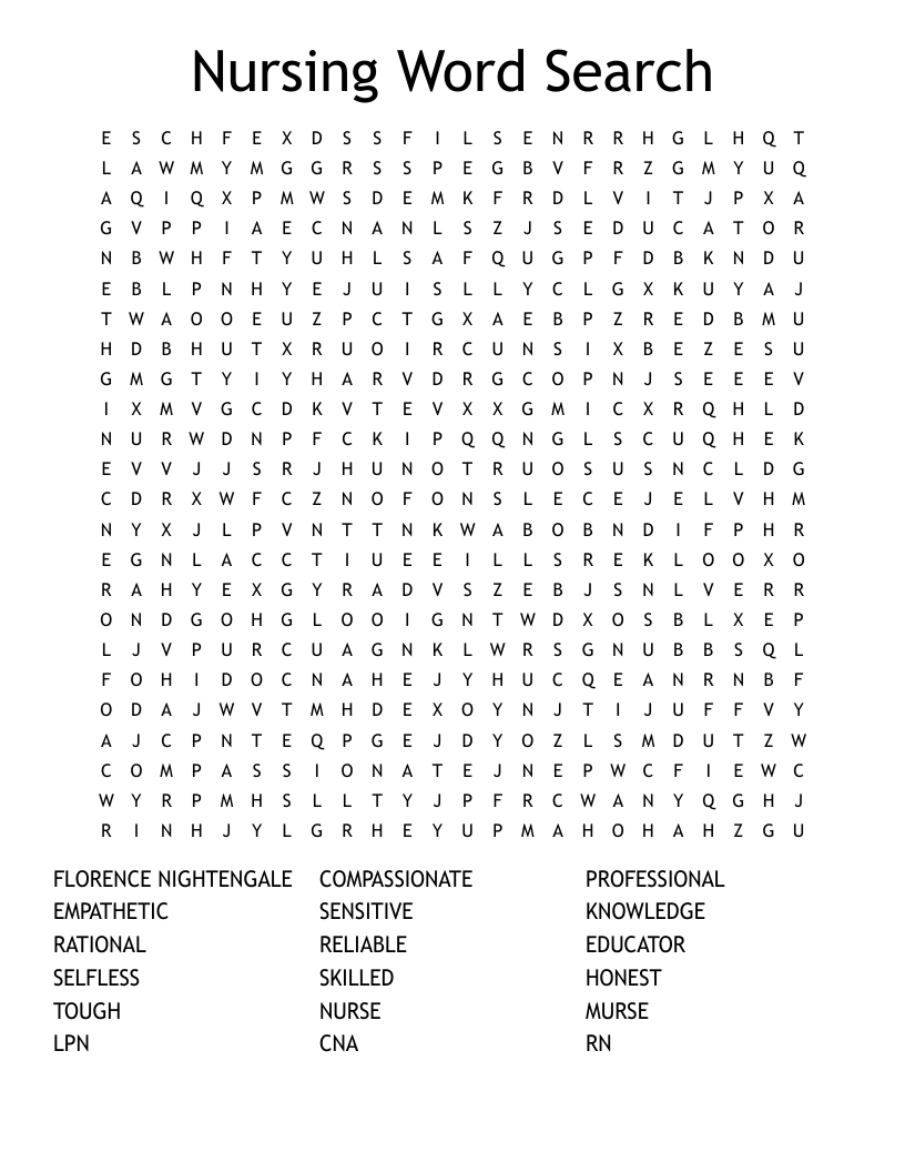 Nursing Word Search - Wordmint in Printable Nurse Word Search