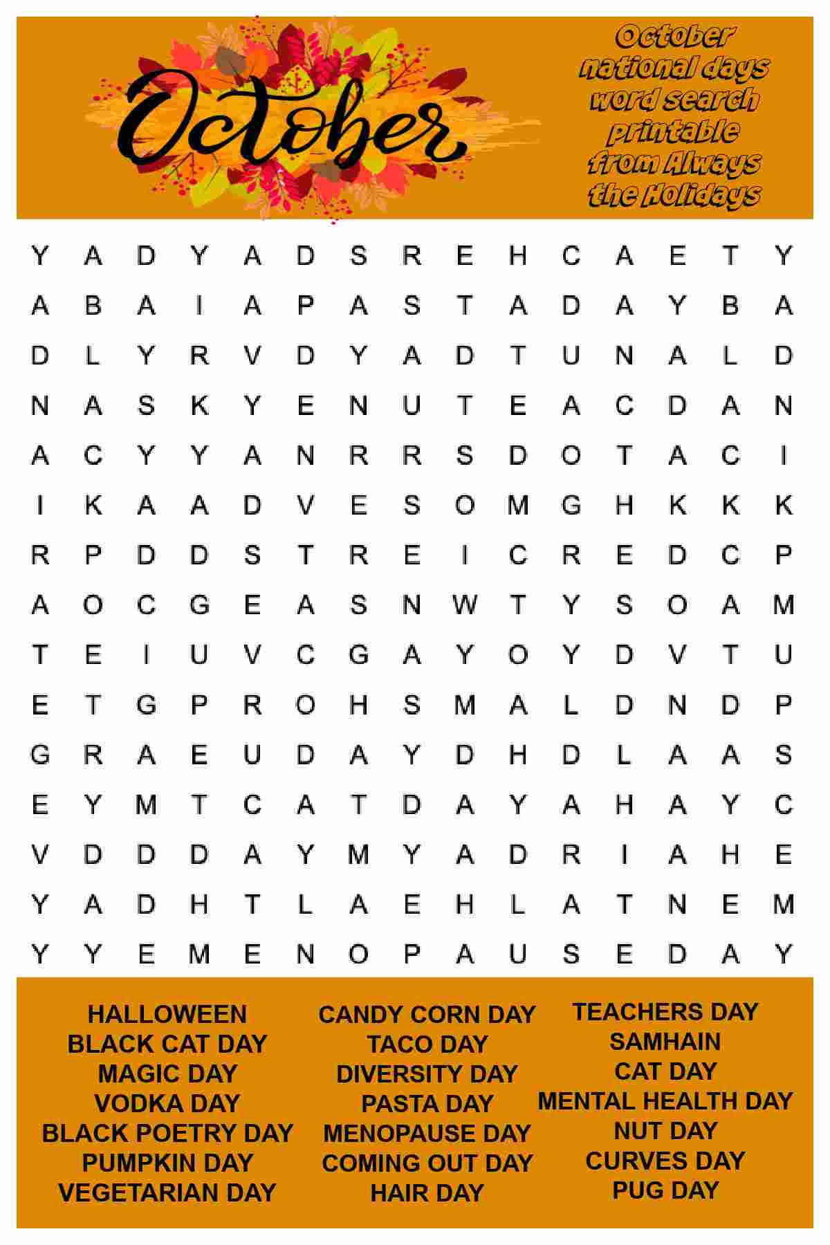 October Word Search Printable - National Days Word Find Puzzle for Free Printable Word Search October
