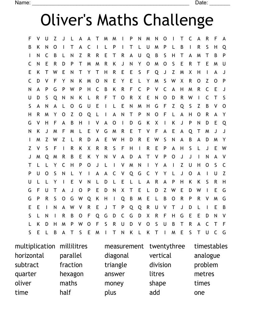 Oliver&amp;#039;S Maths Challenge Word Search - Wordmint in Maths Word Searches Printable Free