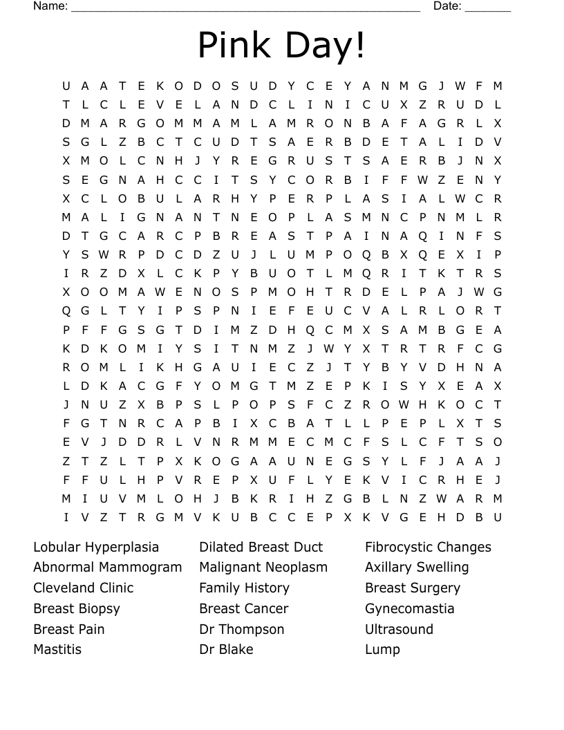 Pink Day! Word Search - Wordmint intended for Free Printable Breast Cancer Word Search