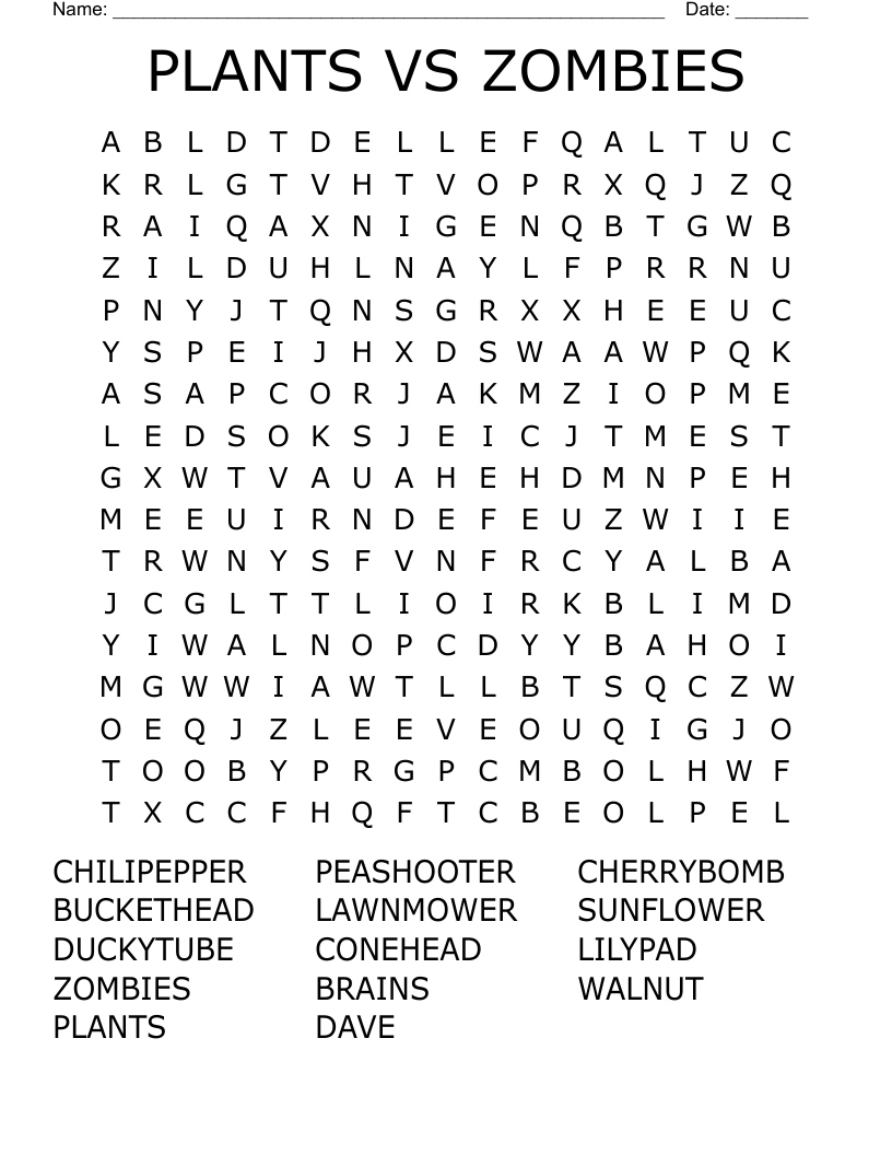 Plants Vs Zombies Word Search - Wordmint in Zombie Word Search Printable