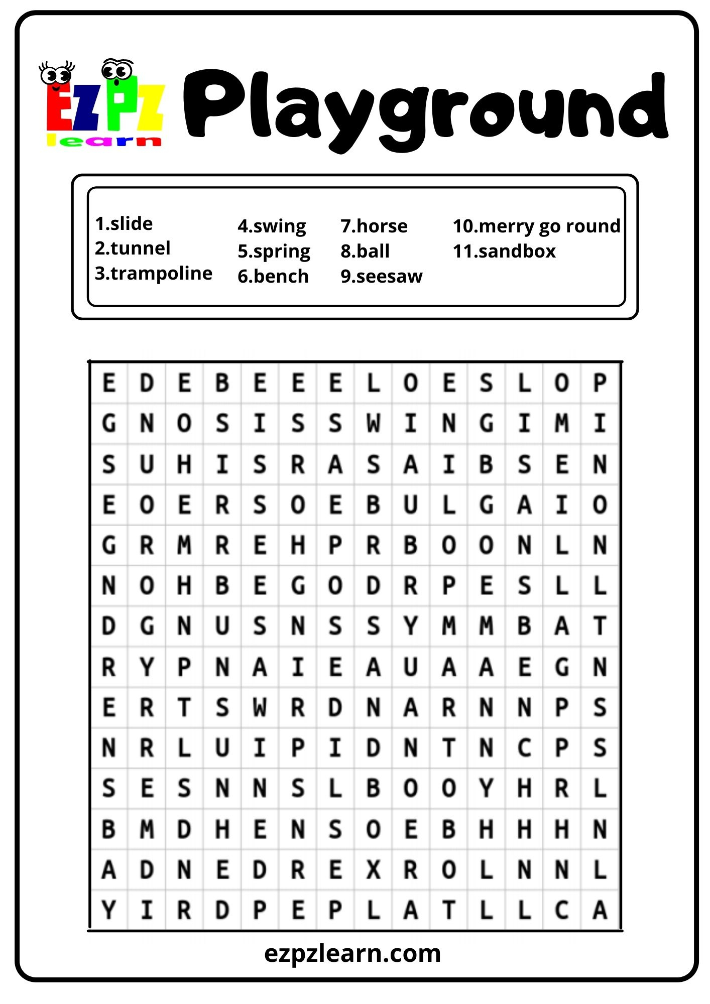 Playground Word Search - Ezpzlearn in Free Printable Word Search Worksheets For Kids