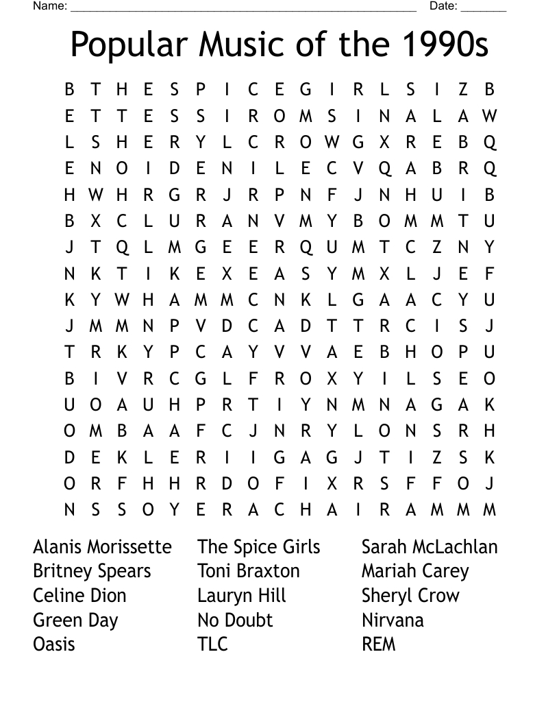 Popular Music Of The 1990S Word Search - Wordmint with 90S Music Word Search Printable
