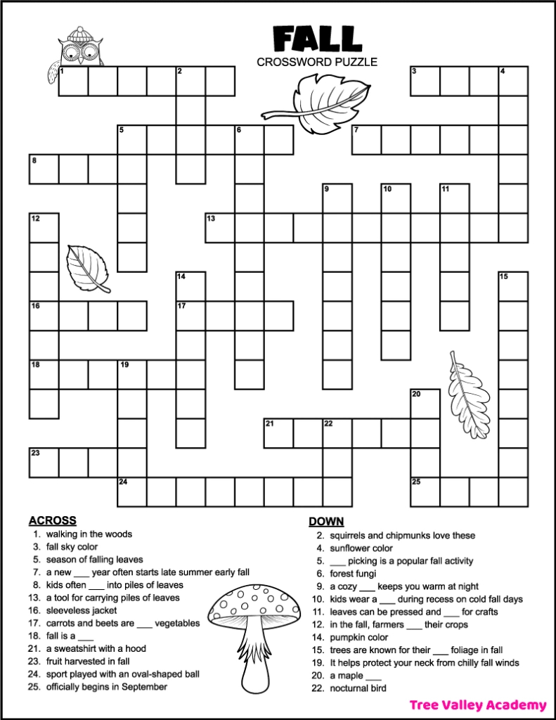 Printable 4Th Grade Fall Crossword Puzzle - Tree Valley Academy within Printable Word Search Puzzles For 4th Graders