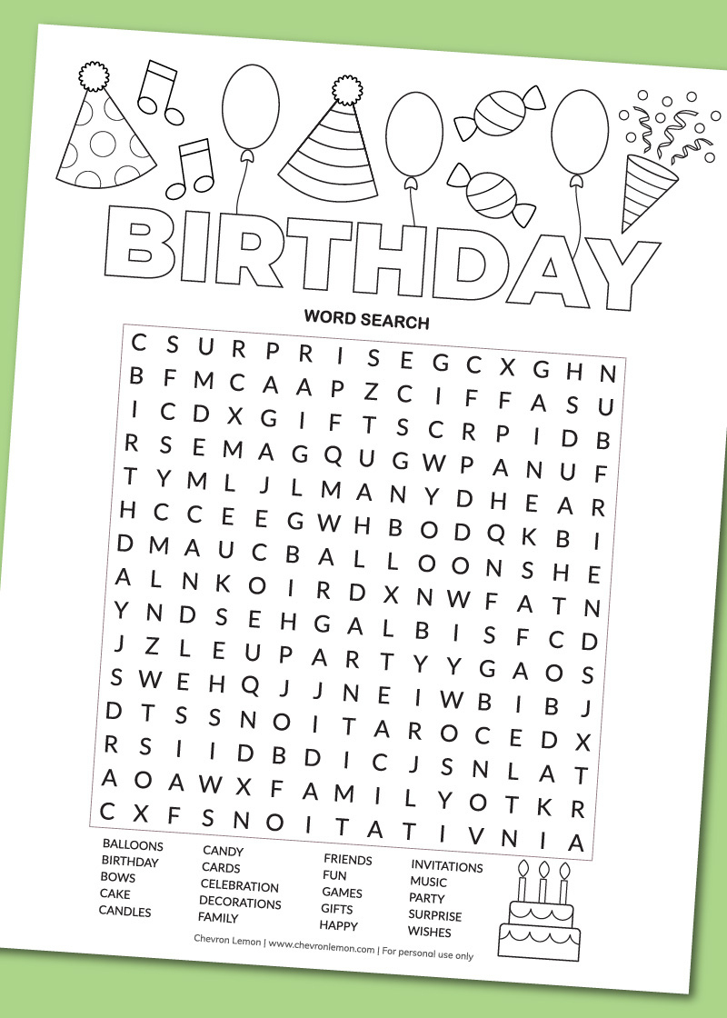 Printable Birthday Word Search - Chevron Lemon in Printable Word Search Birthday