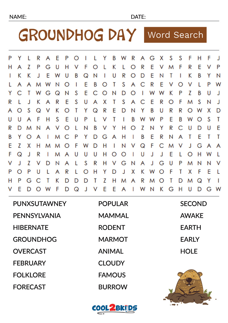 Printable Groundhog Day Word Search - Cool2Bkids with Free Printable Groundhog Day Word Search