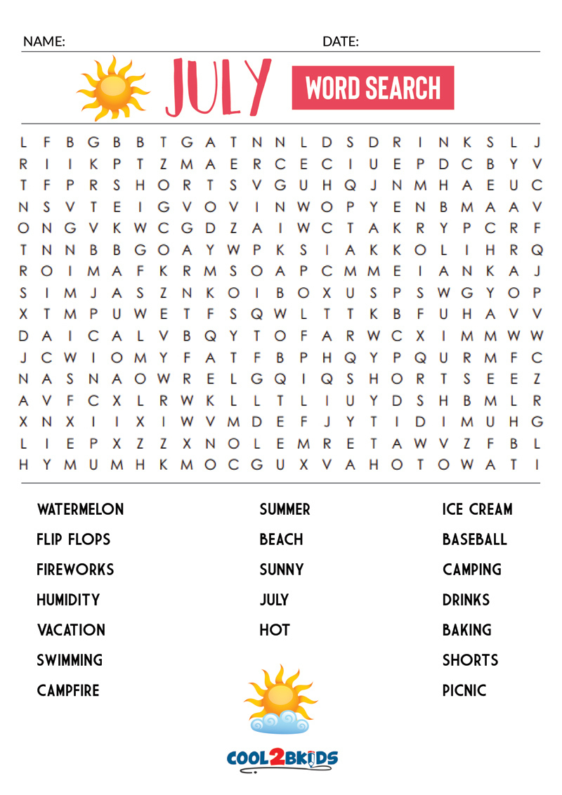 Printable July Word Search - Cool2Bkids inside Printable Kindergarten Word Search Cool2bkids