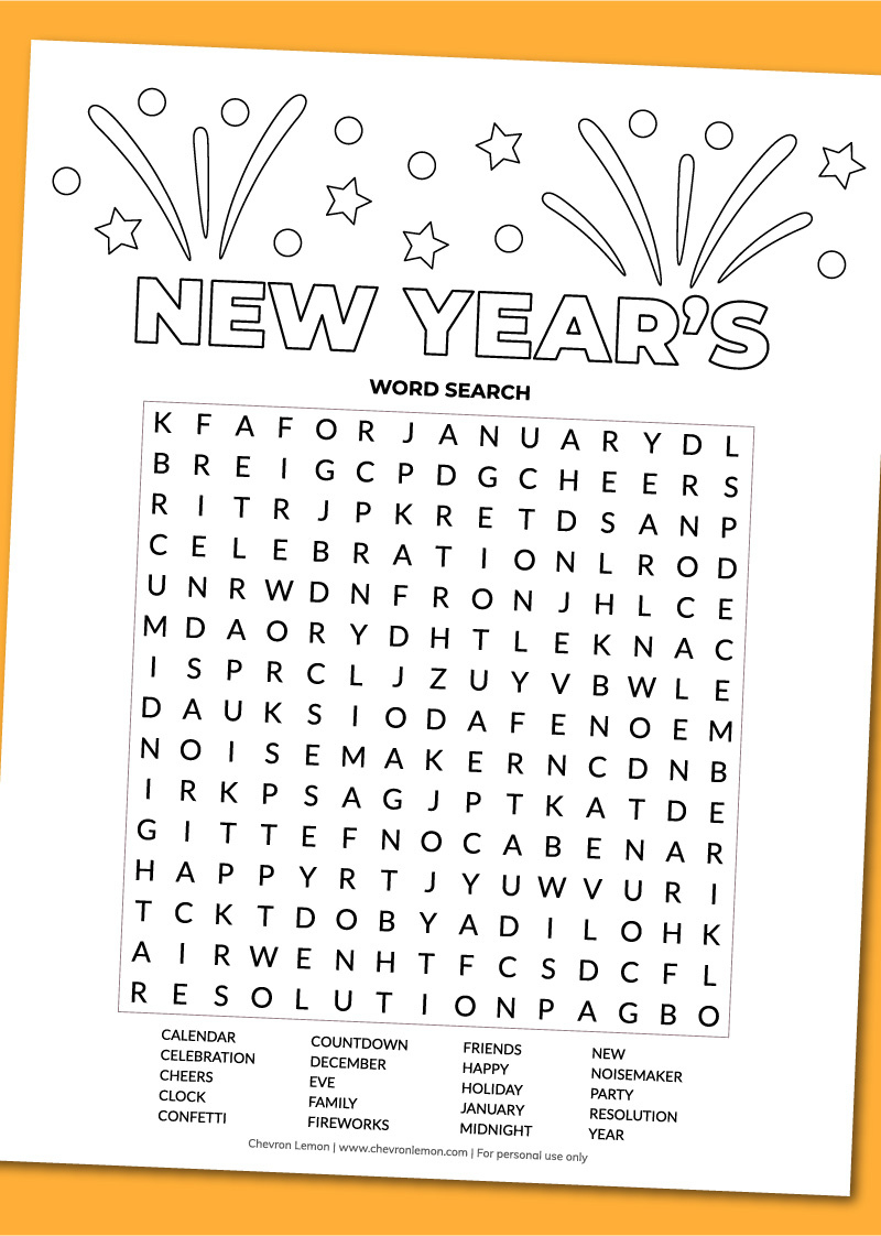 Printable New Year&amp;#039;S Word Search - Chevron Lemon regarding Printable Word Search For New Years