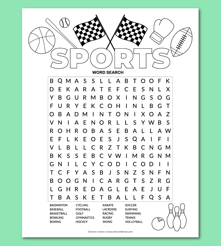 Printable Sports Word Search Puzzle - Chevron Lemon throughout Sports Word Search Puzzles Printable