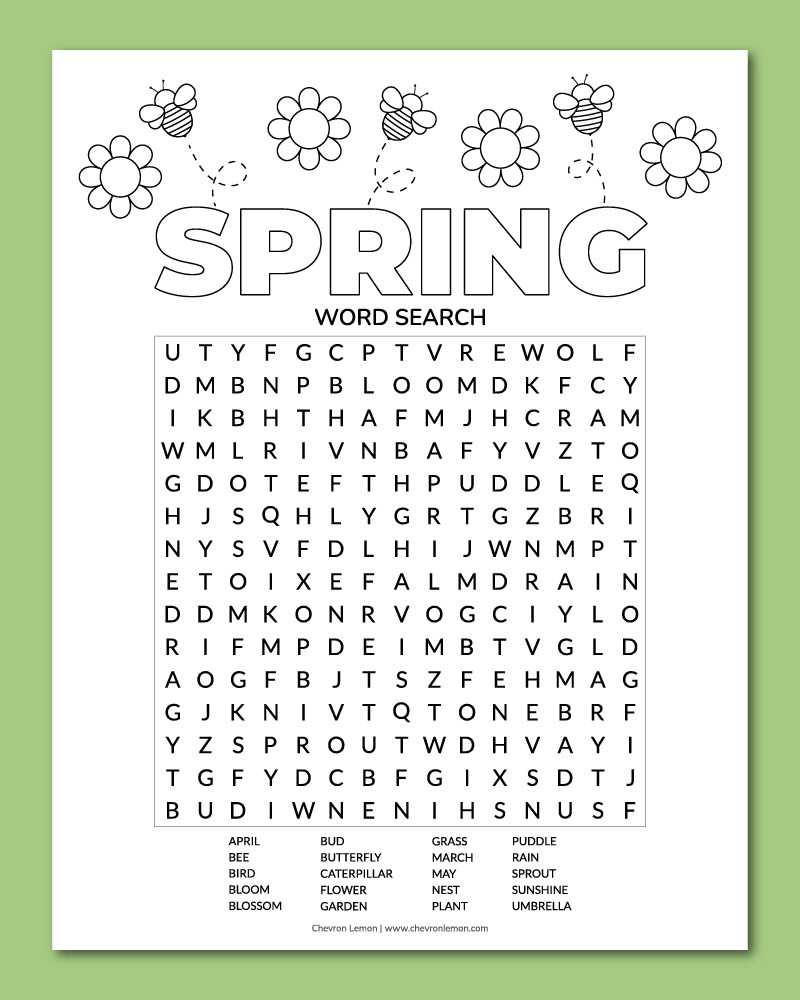 Printable Spring Word Search - Chevron Lemon for Spring Word Search Free Printable