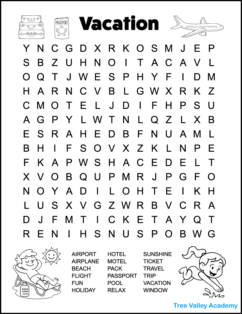 Printable Vacation Word Search For Kids - Tree Valley Academy intended for Printable Word Search For 6 Year Olds