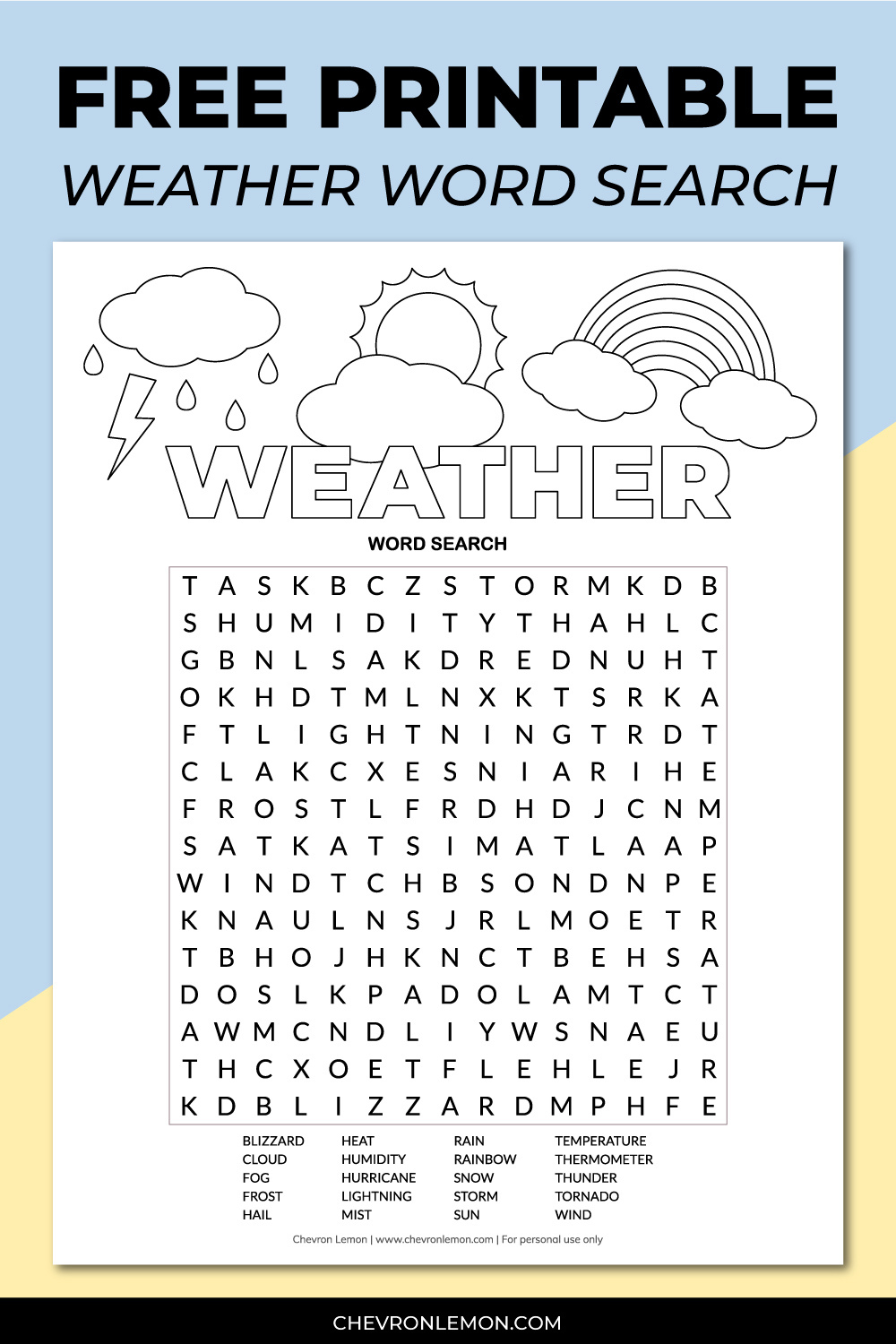 Printable Weather Word Search - Chevron Lemon within Rainy Day Word Search Printable
