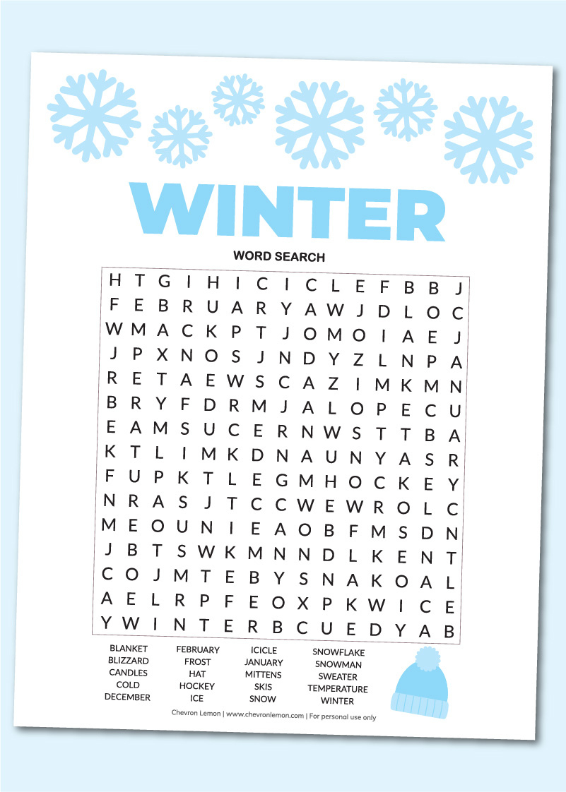 Printable Winter Word Search - Chevron Lemon for Winter Word Searches Free Printable