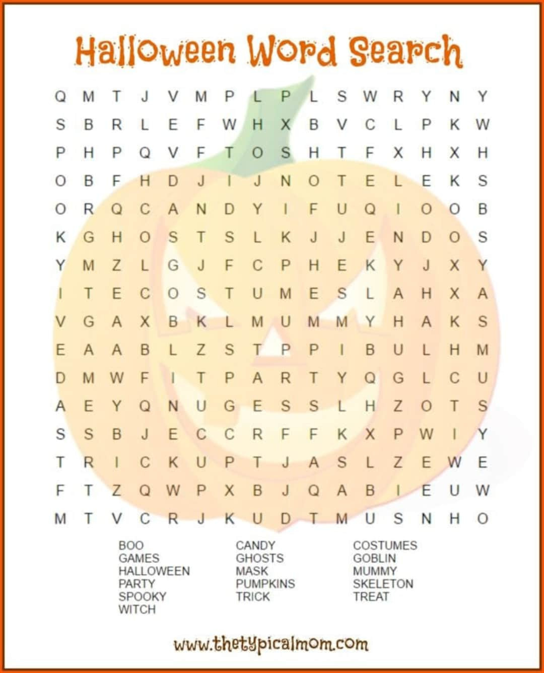 Pumpkin Halloween Word Search Printable - Etsy for Word Search Printable Halloween