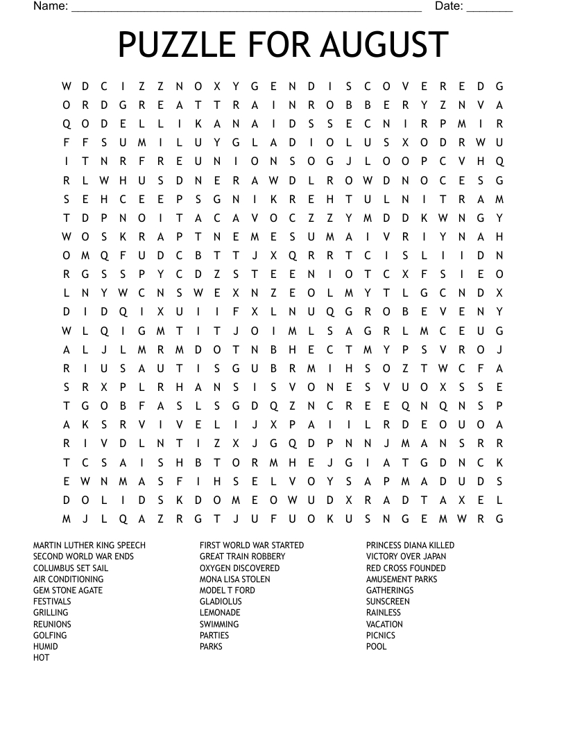 Puzzle For August Word Search - Wordmint inside August Word Search Printable