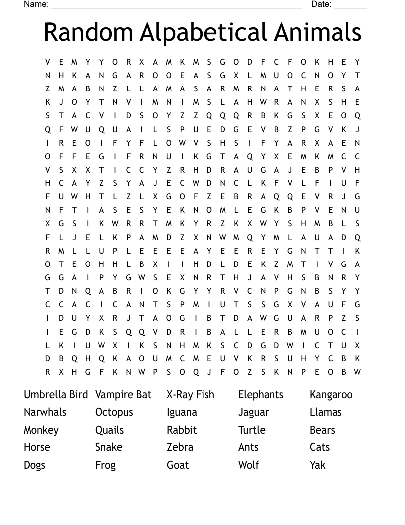 Random Alpabetical Animals Word Search - Wordmint in Random Word Search Printable