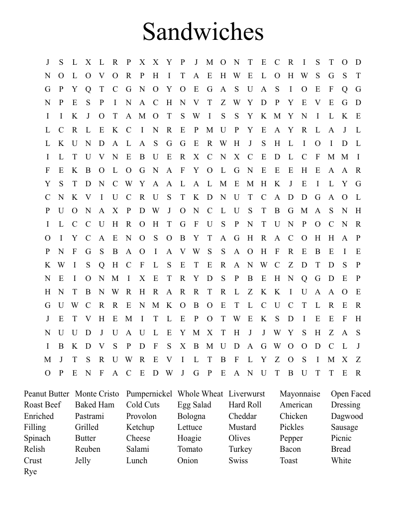 Sandwiches Word Search - Wordmint regarding Printable Word Search Sandwiches