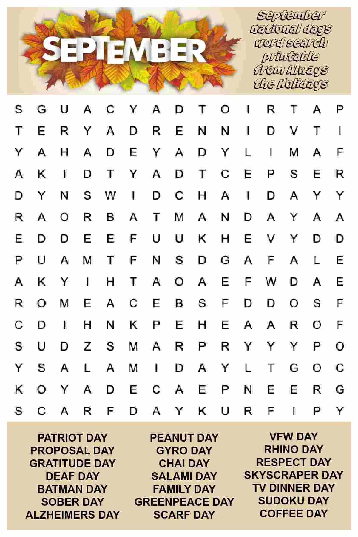 September Word Search Printable - Free National Days Word Find with Free Printable Word Search September