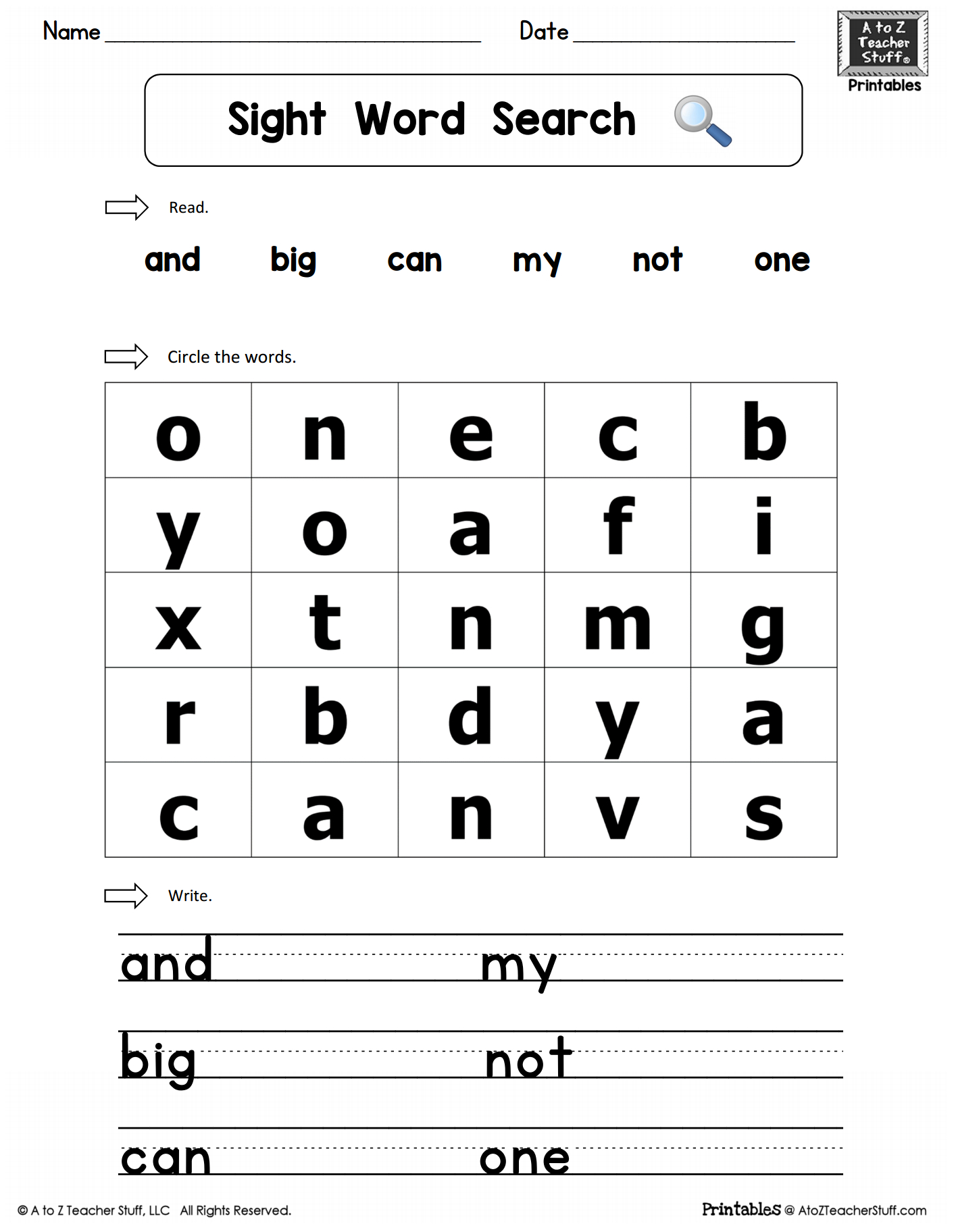 Sight Words Practice Word Search: And, Big, Can, Why, Not, One | A in Printable Word Search Sight Words