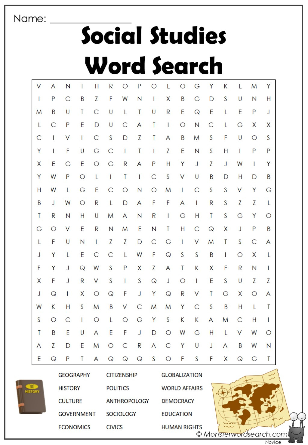 Social Studies Word Search - Monster Word Search with Printable Word Search Social Studies