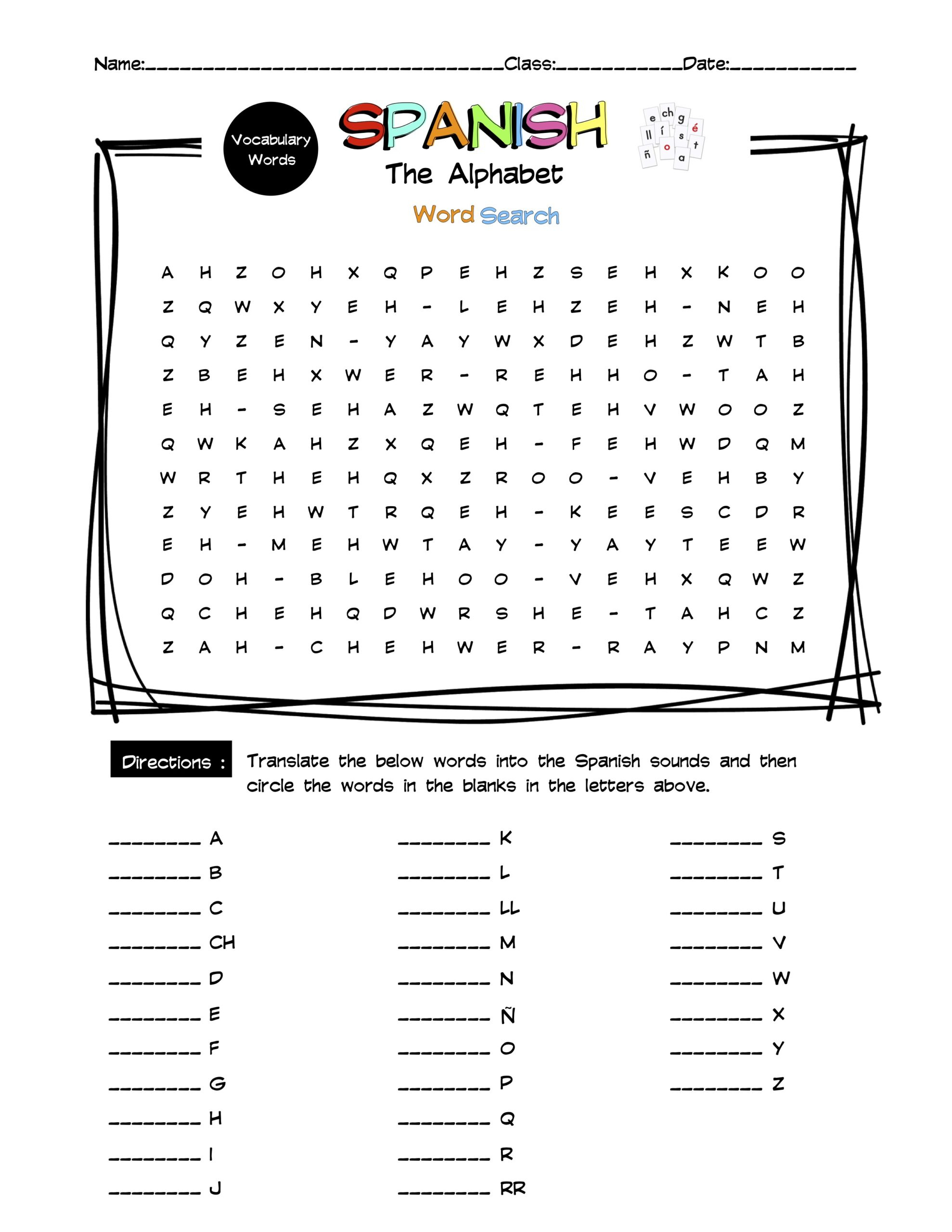 Spanish Alphabet Vocabulary Word Search Worksheet &amp;amp; Answer Key in Word Search In Spanish Printable