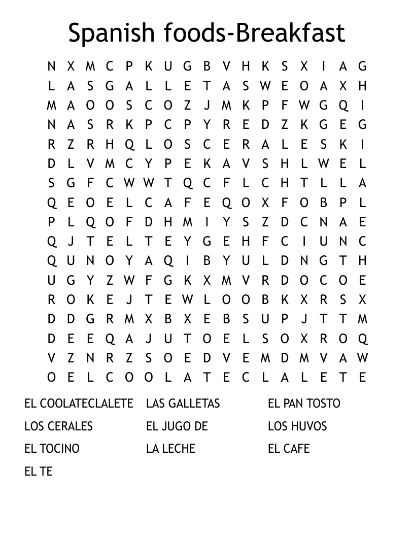 Spanish Foods-Breakfast Word Search - Wordmint inside Free Printable Word Search in Spanish
