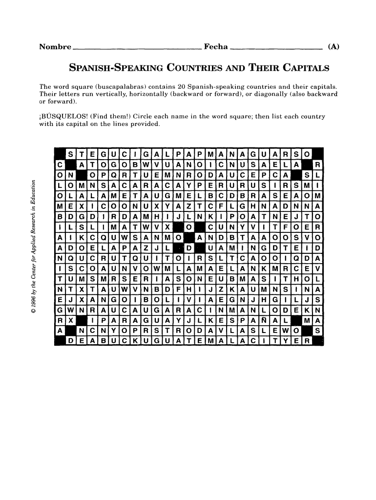 Spanish Speaking Countries And Their Capitals Word Search Answer pertaining to Spanish Word Search Answer Key