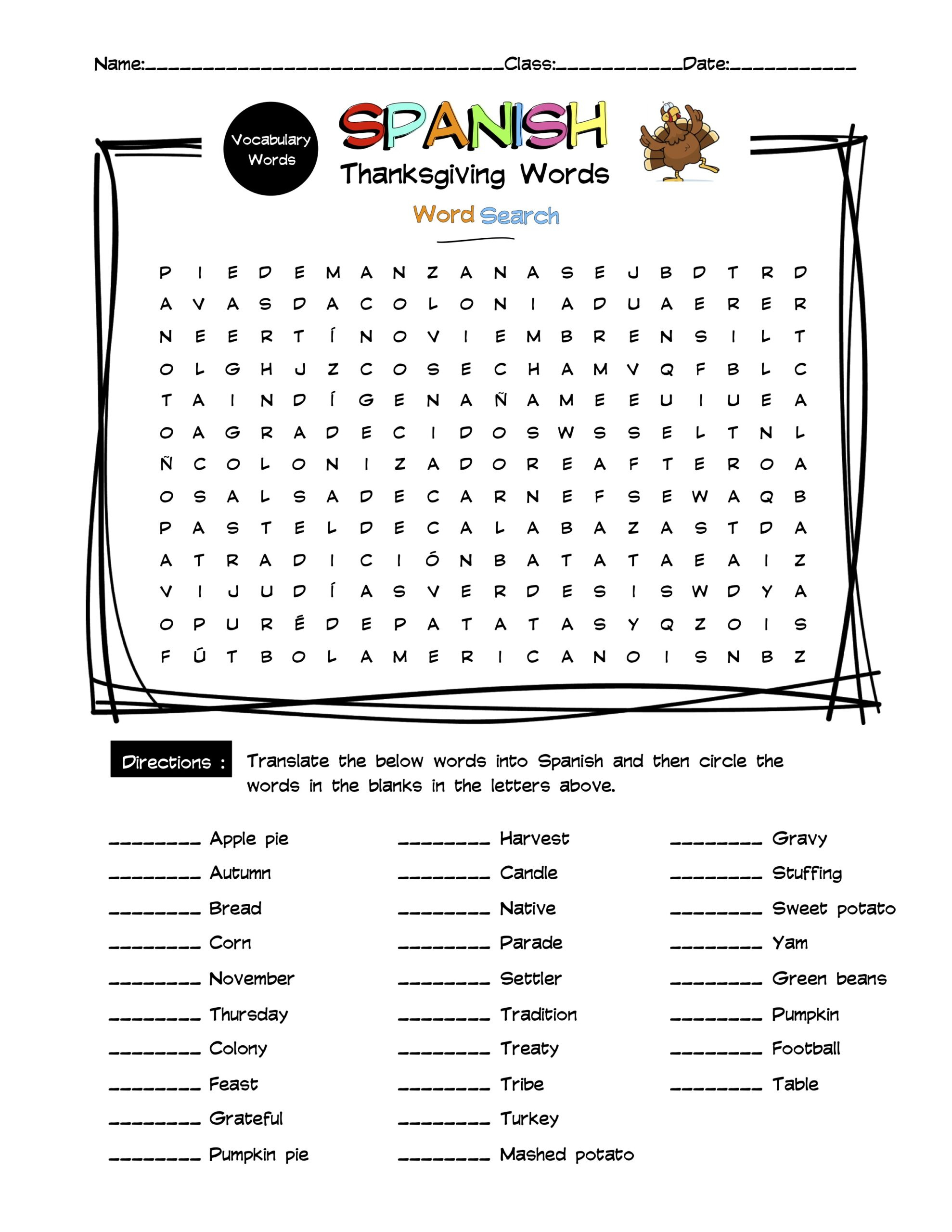 Spanish Thanksgiving Vocabulary Word Search &amp;amp; Answer Key | Made within Printable Word Search In Spanish