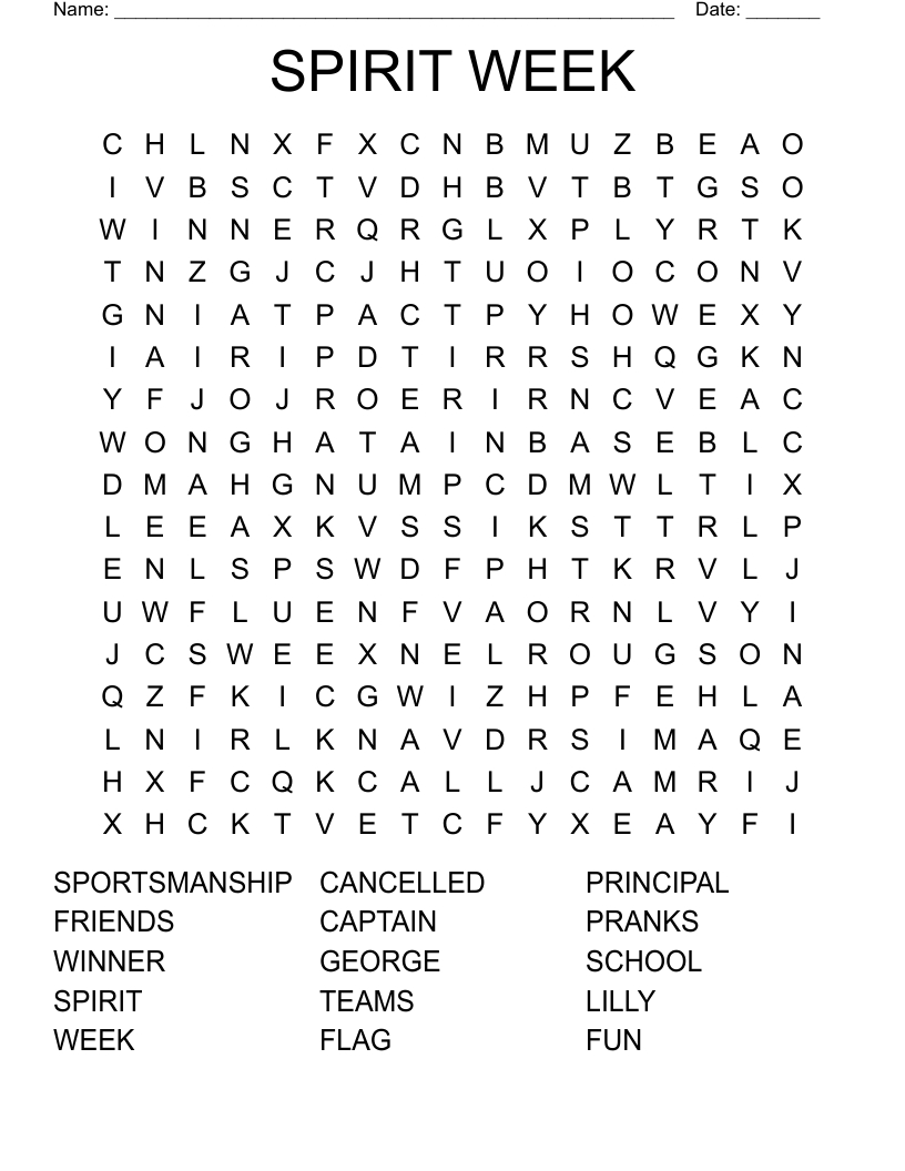 Spirit Week Word Search - Wordmint with Free Printable Word Search For High School