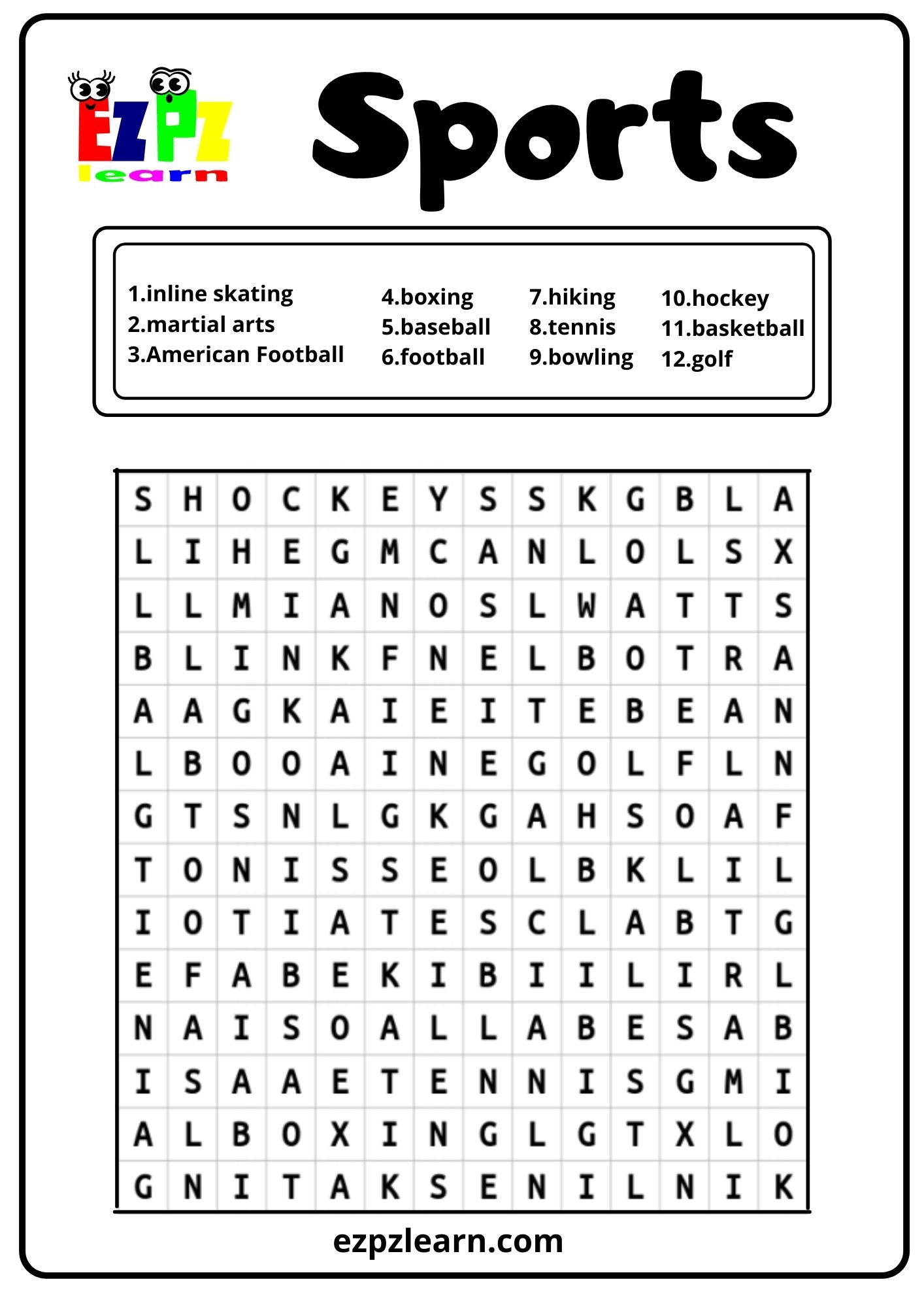 Sports Set 2 Word Search 1 - Ezpzlearn with regard to Free Printable Word Search Grade 2