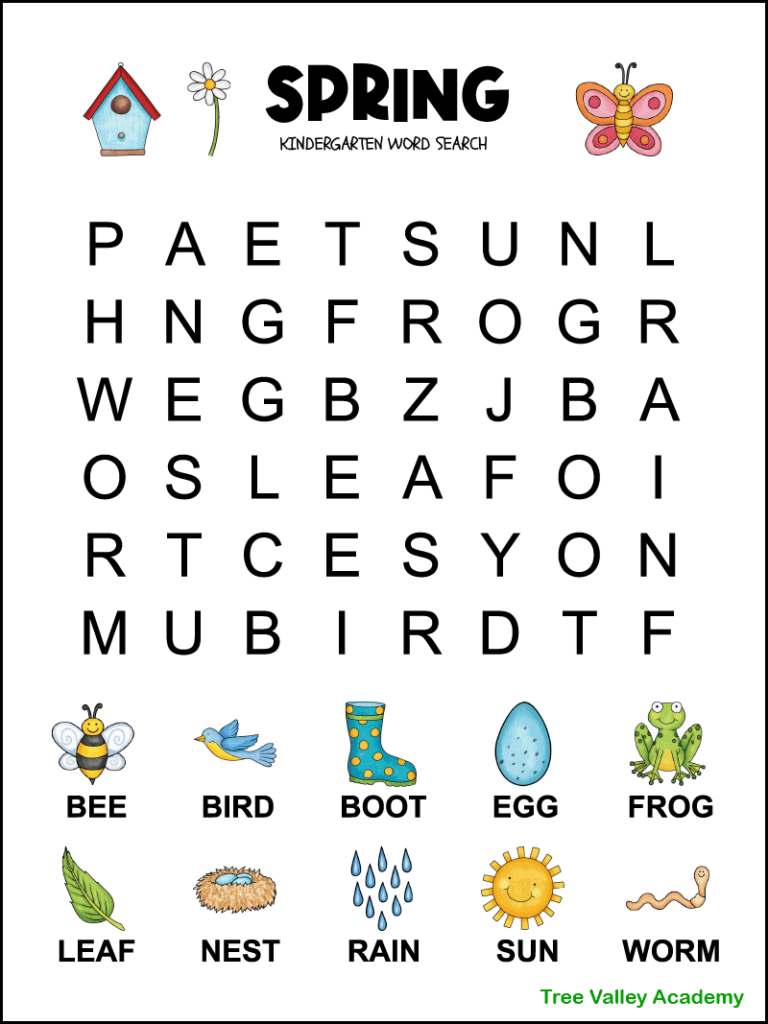 Spring Word Search For Kindergarten - Tree Valley Academy throughout Fun Large Print Word Search Printable