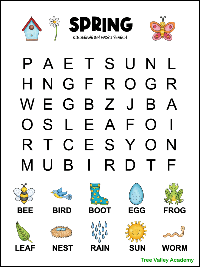 Spring Word Search For Kindergarten - Tree Valley Academy throughout Printable Word Search For 6 Year Olds