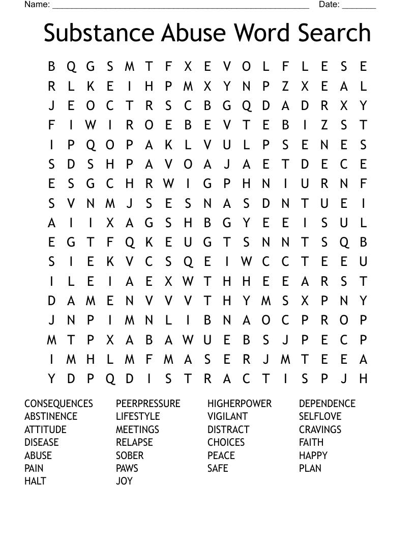 Substance Abuse Word Search - Wordmint throughout Substance Use Word Search Printable