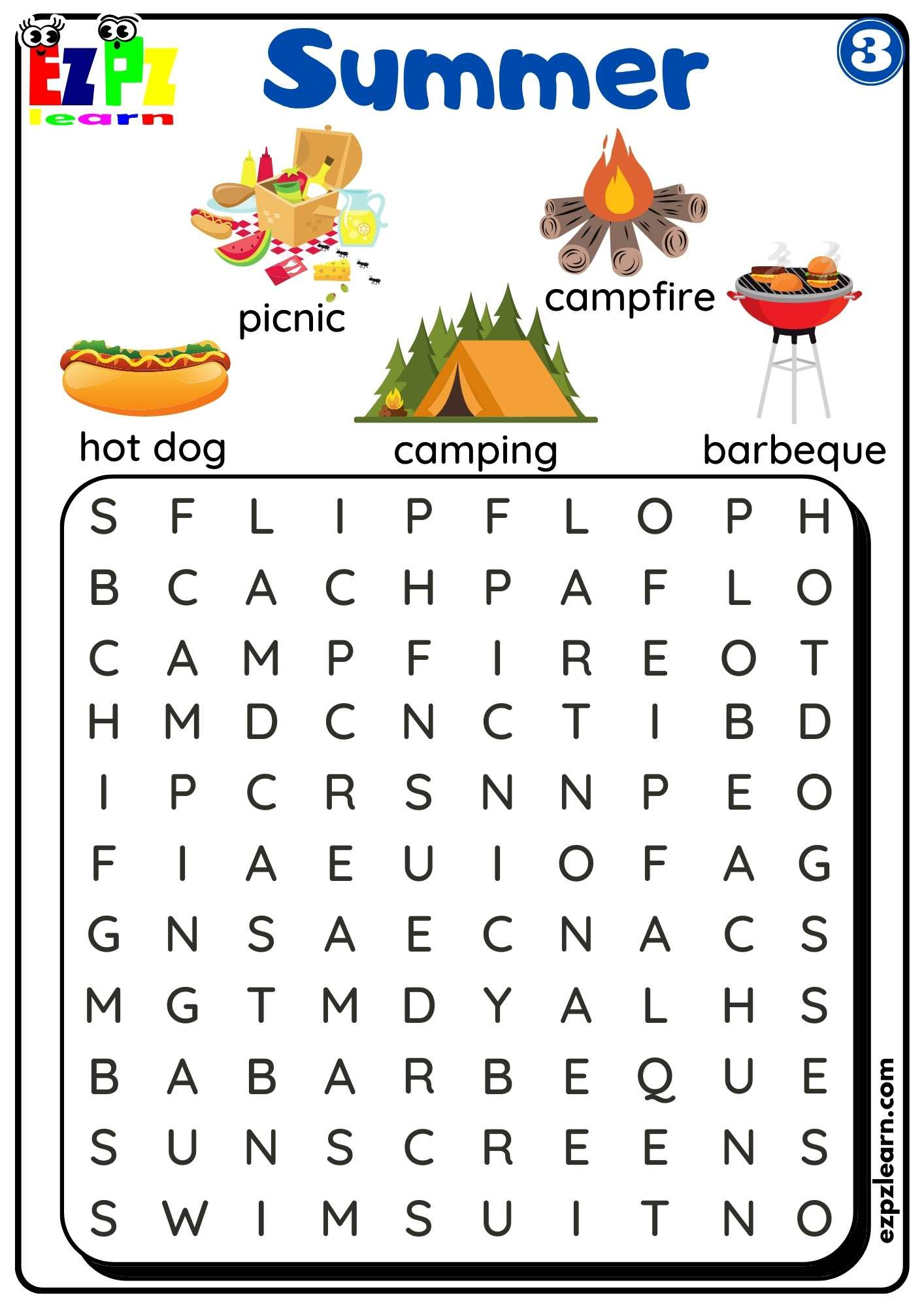 Summer And Beach Word Search Activity For Kids Set 3 - Ezpzlearn with Free Printable Word Search Worksheets For Kids