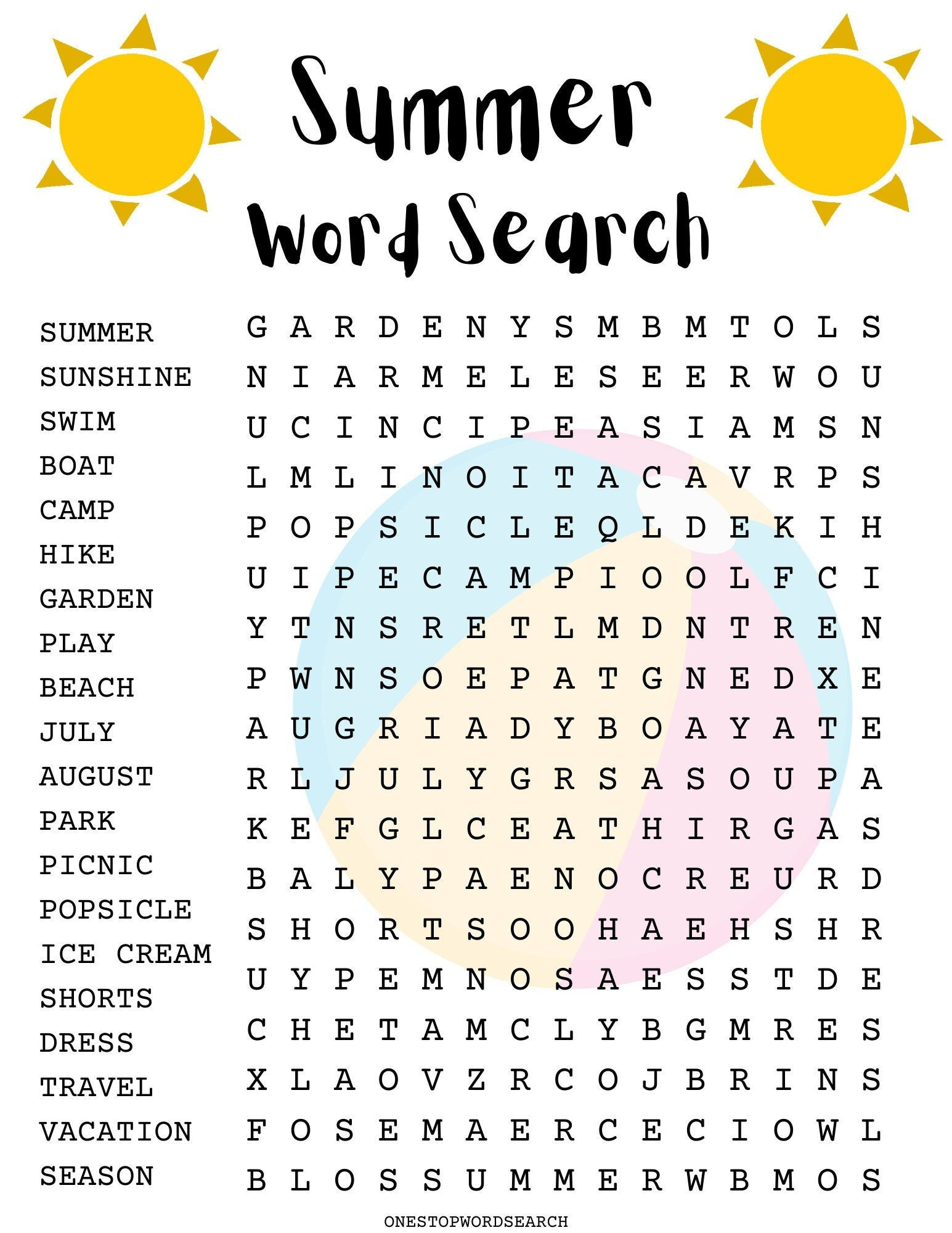 Summer Word Search Puzzle With Answer Sheet| Seasonal Games for Summer Large Print Word Search Printable