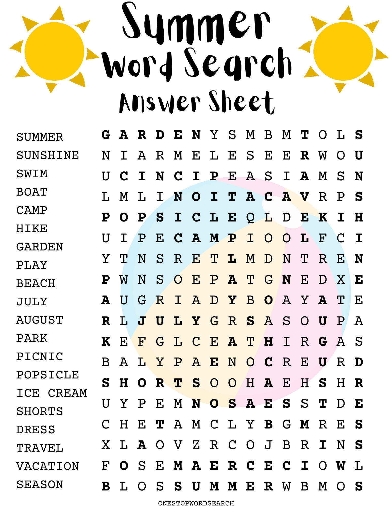 Summer Word Search Puzzle With Answer Sheet| Seasonal Games in Summer Word Search Puzzle Printable