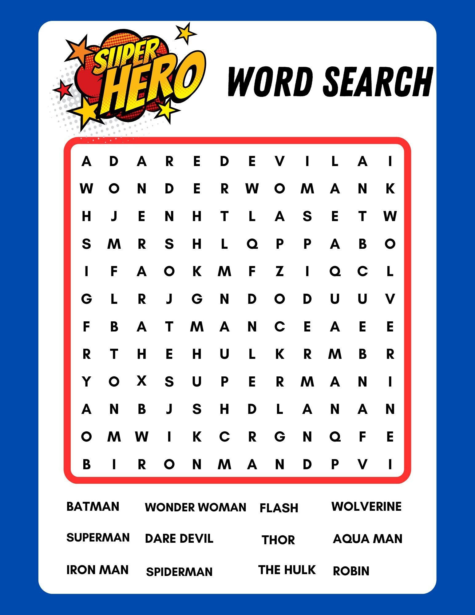 Super Hero Word Search, Printable, Instant Download, Pdf with regard to Super Hero Word Search Printable