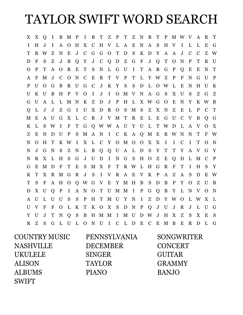 Taylor Swift Word Search - Wordmint in Taylor Swift Word Search Printable