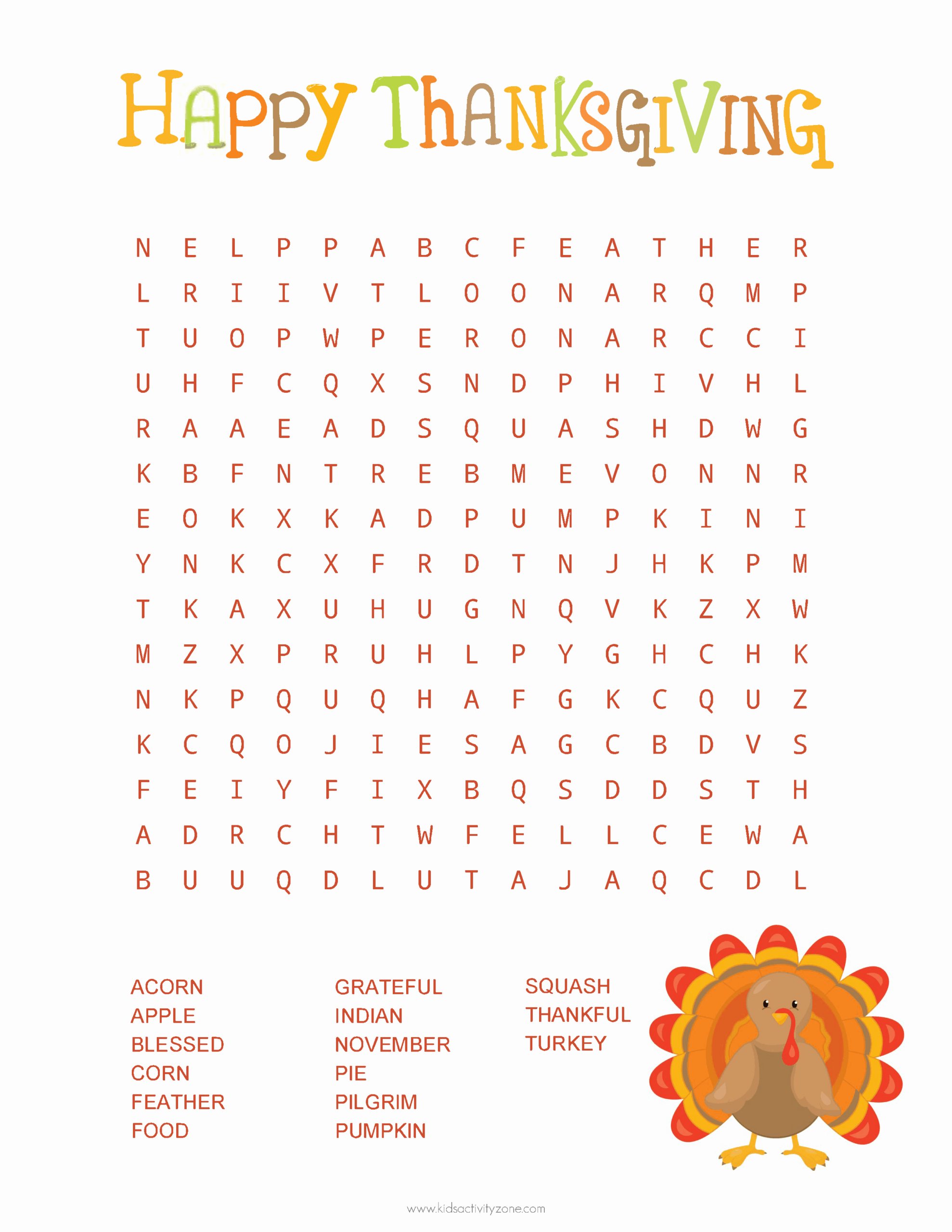 Thanksgiving Word Search - Kids Activity Zone pertaining to Printable Thanksgiving Word Searches