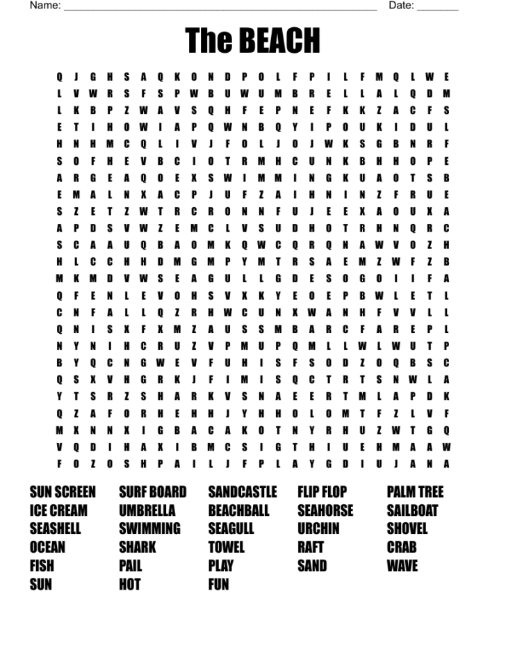 Beach Word Search Printable