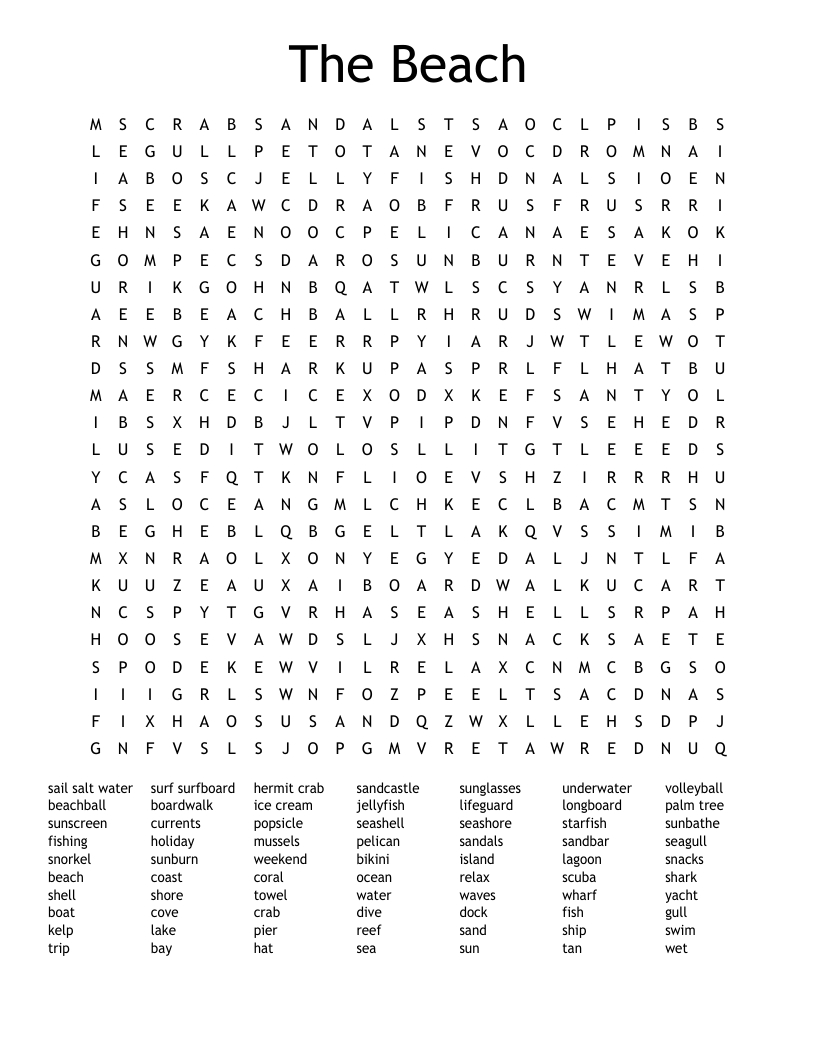 The Beach Word Search - Wordmint within Beach Word Search Printable