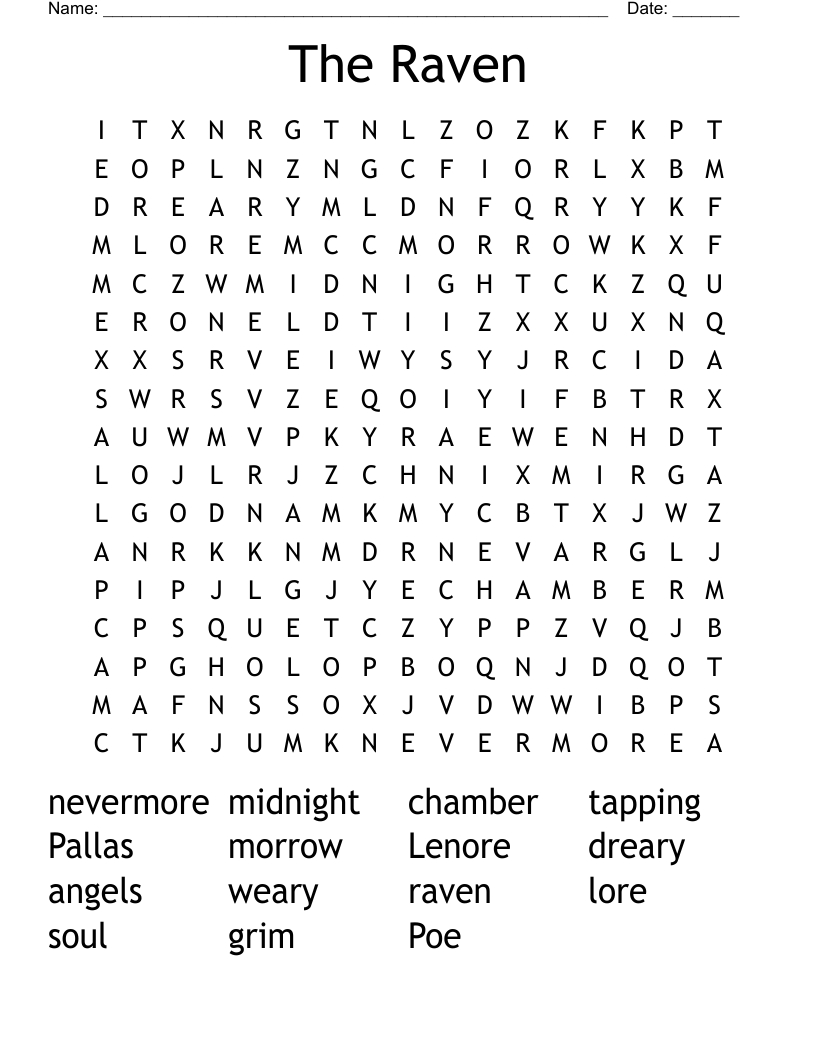 The Raven Word Search - Wordmint throughout Free Printable Word Search Puzzles The Raven