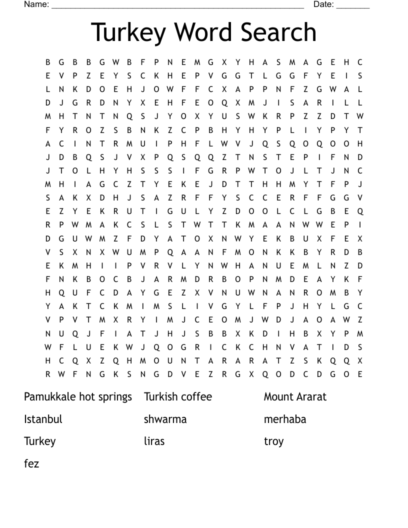Turkey Word Find Word Search - Wordmint intended for Turkey Word Search Printable